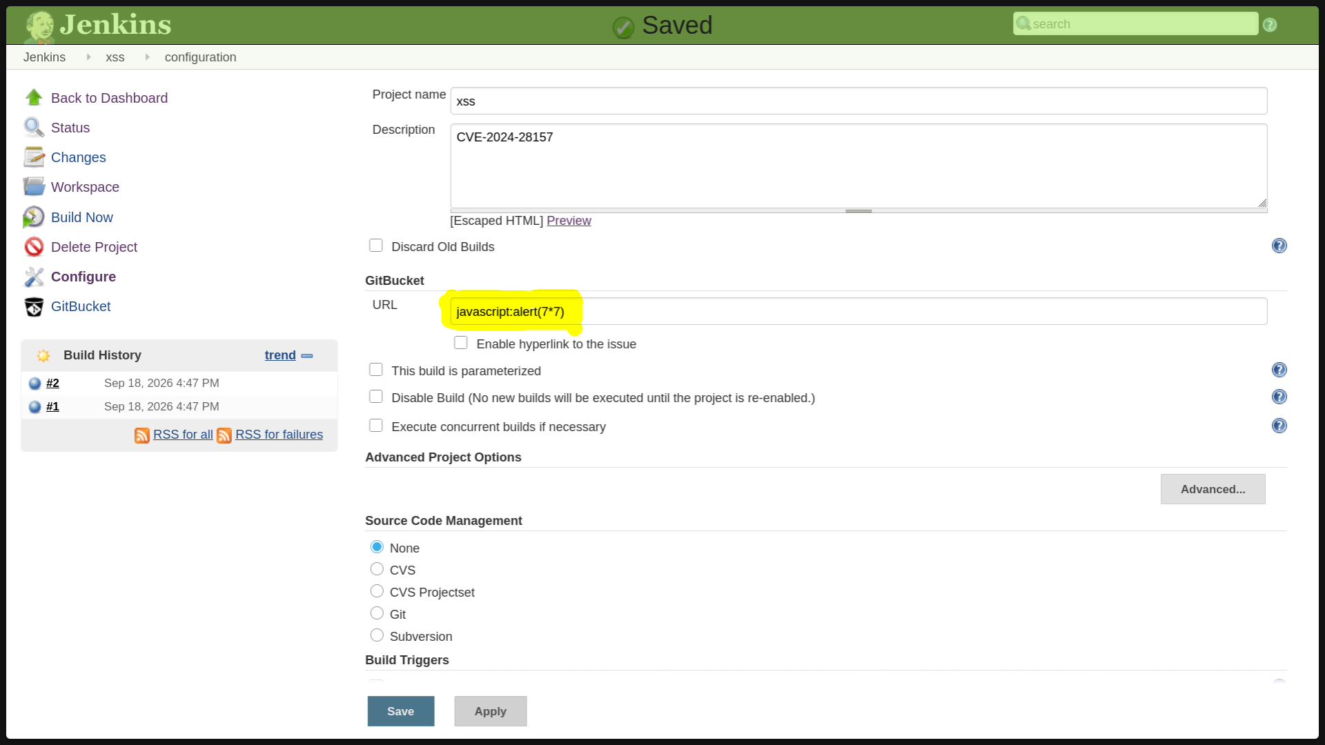 Configure page with javascript payload in GitBucket URL